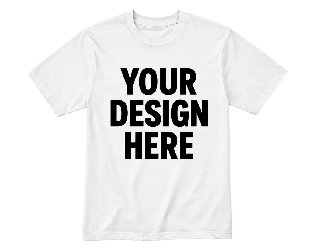 A white short-sleeve crewneck t-shirt with the words 'YOUR DESIGN HERE' printed in bold black capital letters on the front, shown on a transparent checkerboard background.