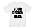 A white short-sleeve crewneck t-shirt with the words 'YOUR DESIGN HERE' printed in bold black capital letters on the front, shown on a transparent checkerboard background.