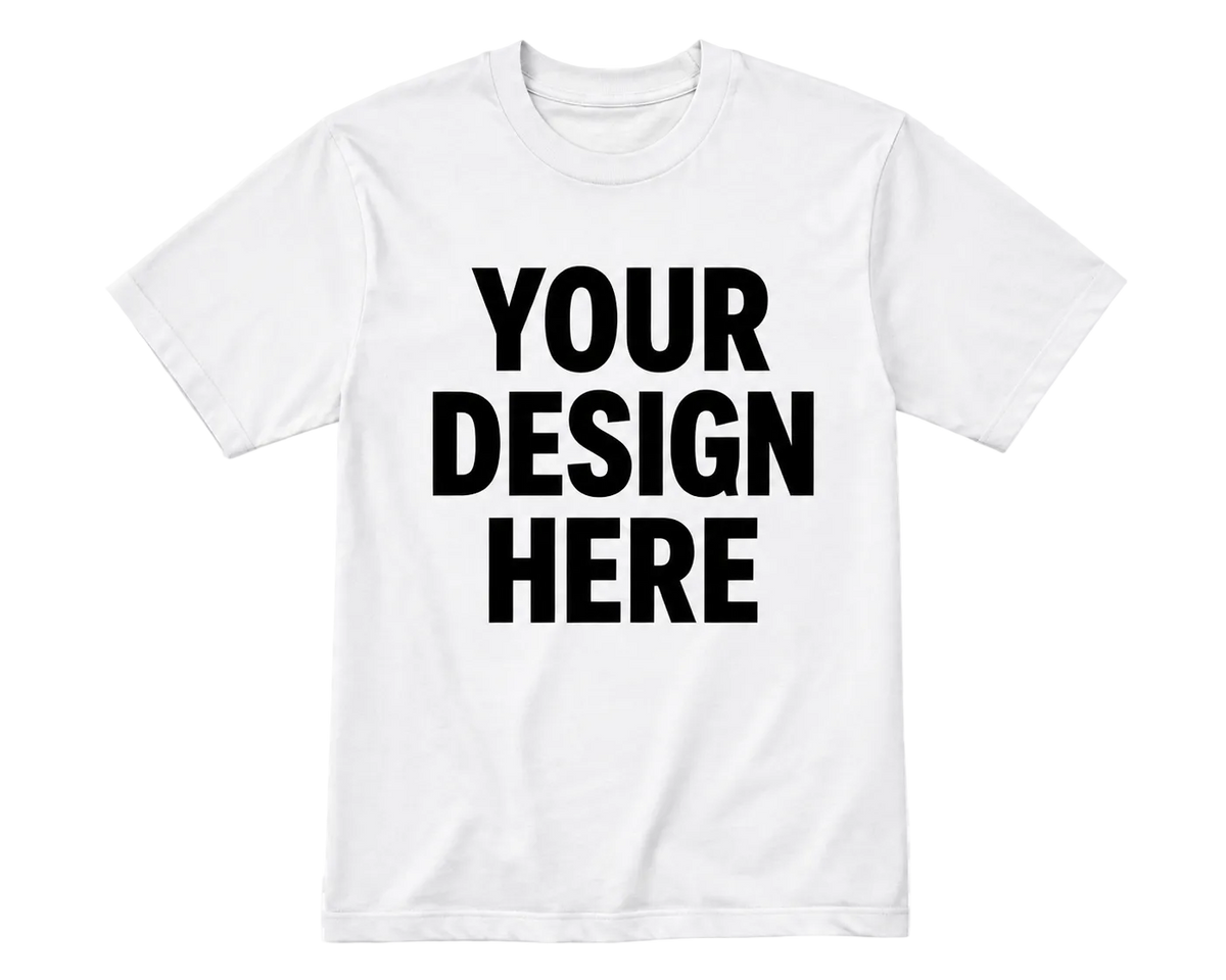 A white short-sleeve crewneck t-shirt with the words 'YOUR DESIGN HERE' printed in bold black capital letters on the front, shown on a transparent checkerboard background.