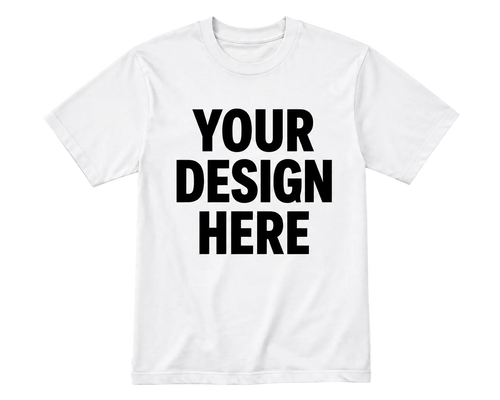 A white short-sleeve crewneck t-shirt with the words 'YOUR DESIGN HERE' printed in bold black capital letters on the front, shown on a transparent checkerboard background.